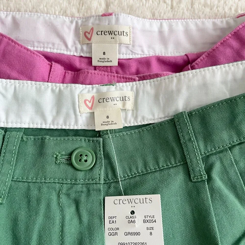 Crewcuts Girls Chino Shorts Bundle Kids Size 8 Green Pink Adjustable Waist